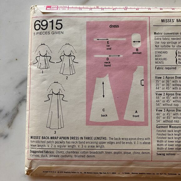 Vintage Simplicity Pattern 6915 Misses Back-wrap Apron Dress 3 Lengths Sz 16-18 - Picture 4 of 6
